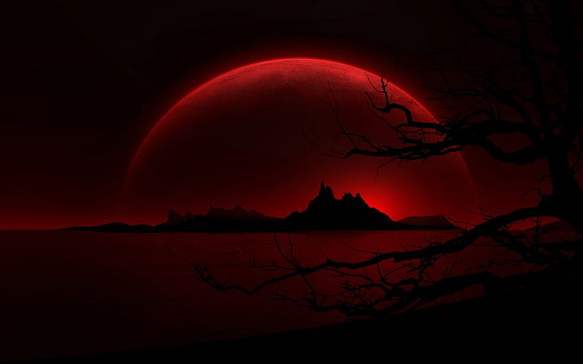 Red moon, night, darkness, abstract, moon, red HD wallpaper