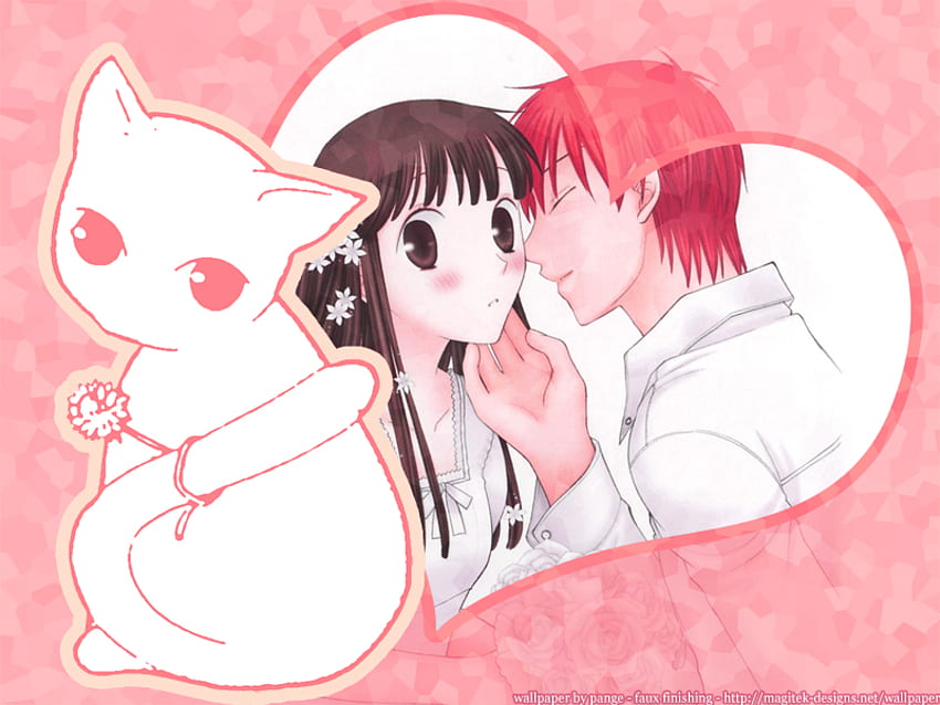 kyo y tohru, kyo, casado, pareja de anime, gato, corazón, tohru fondo de pantalla