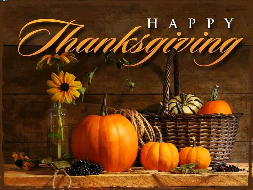 Happy Thanksgiving pumpkin basket and flowers HD wallpaper