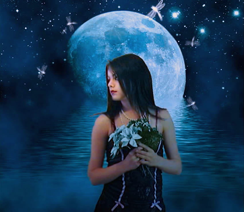 Fantasie, Mädchen, Blumen, Mond HD-Hintergrundbild