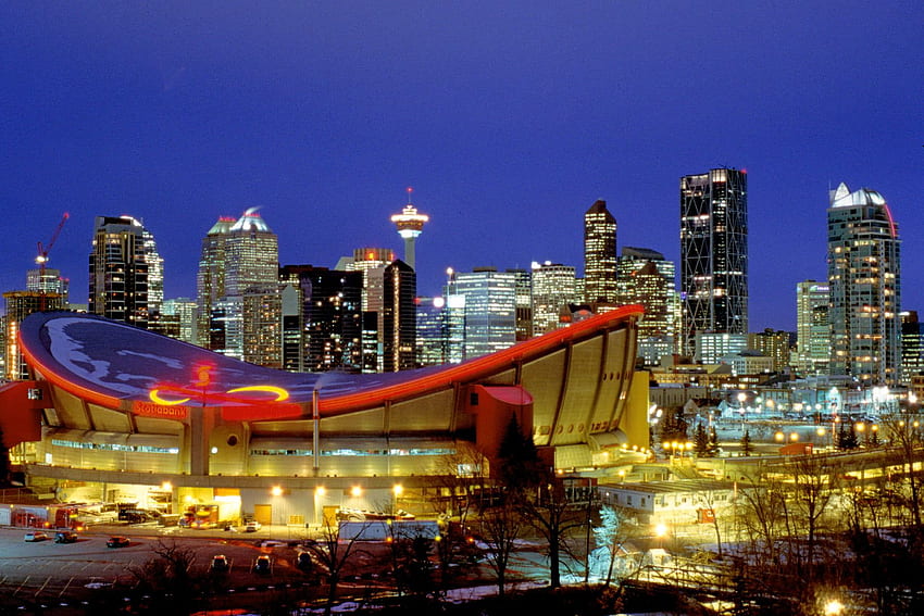 grafik stadion krem ​​​​bulat dan biru, calgary, pusat kota, Calgary Skyline Wallpaper HD