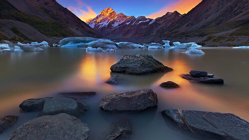 Nouvelle-Zélande, Parc national, Mont Cook, couleurs, paysage, nuages, ciel, rochers, glace, lac, coucher de soleil Fond d'écran HD