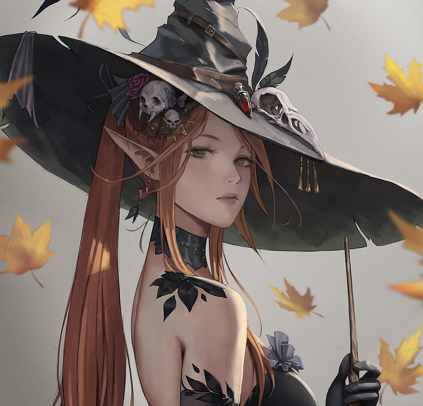 Witch, art, autumn, girl, leaf, toamna, hat, nibelart, fantasy, face HD wallpaper