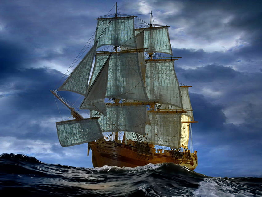 Bounty, море, кораб, красив, платноходка, пътуване, тъмно, вълни, облаци, ветроходство, природа, небе, вода, тъмнина, буря, океан HD тапет
