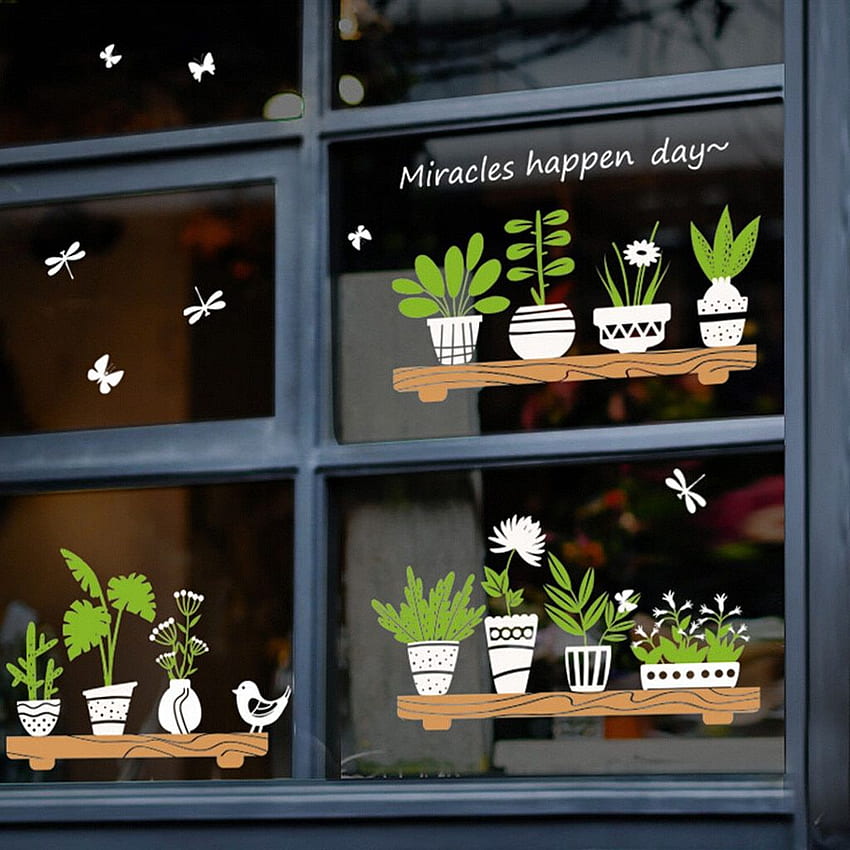 Plant Glass Potted Shop Window Stickers Flower Pot DIY Wall Decals Homen Cafe Decor Waterproof HD phone wallpaper