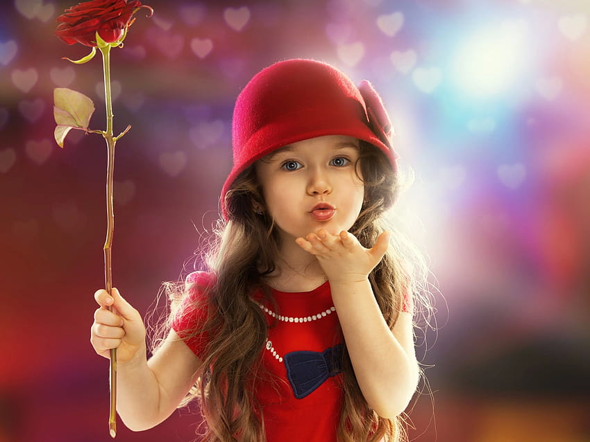 Cute red dress little girl, child, sweet kiss , Cute Kids HD wallpaper
