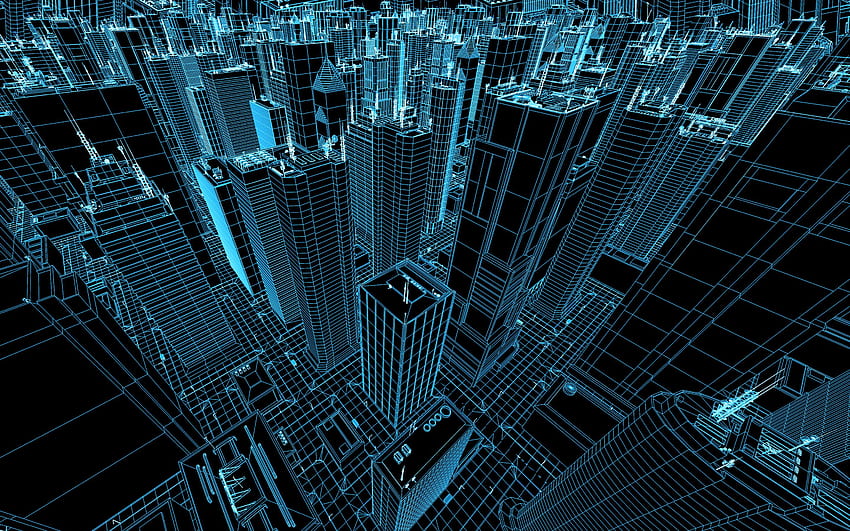 сини линии градски пейзаж, сини линии небостъргачи, чертеж на град, архитектурни концепции, дигитален строителен фон, архитектурен фон за с разделителна способност. Високо качество HD тапет
