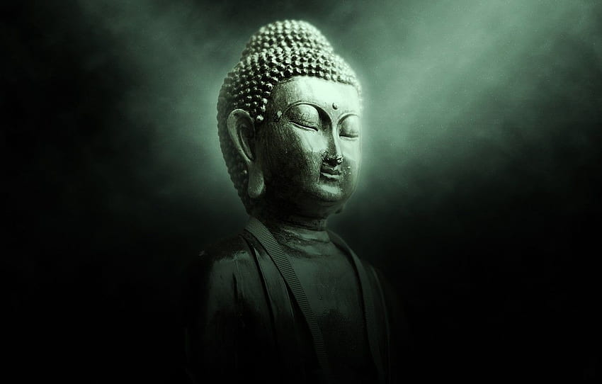 лице, тъмен фон, Нирвана, спокойствие, медитация, скулптура, религия, Буда, бюст, вяра, фигура, баланс, затворени очи, будизъм, зелени тонове за , раздел разное HD тапет