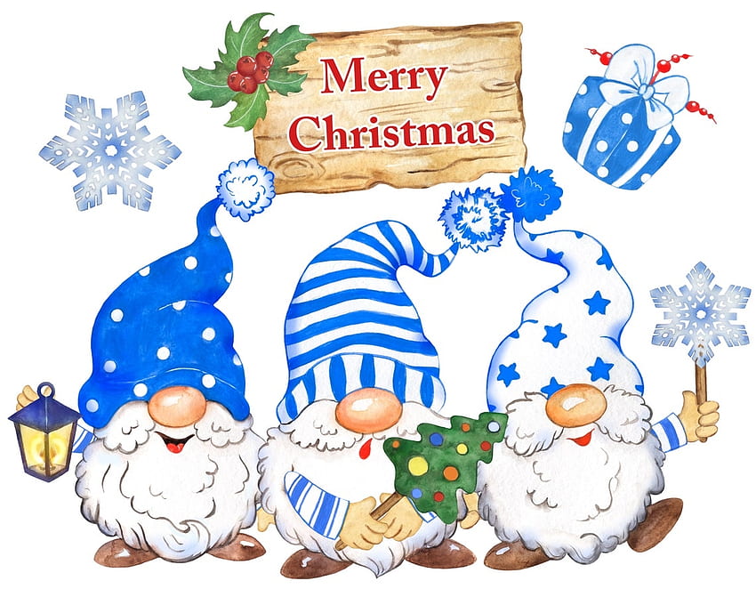 Merry Christmas, white, merry, christmas, fellows, happy, three, little, gnomes HD wallpaper