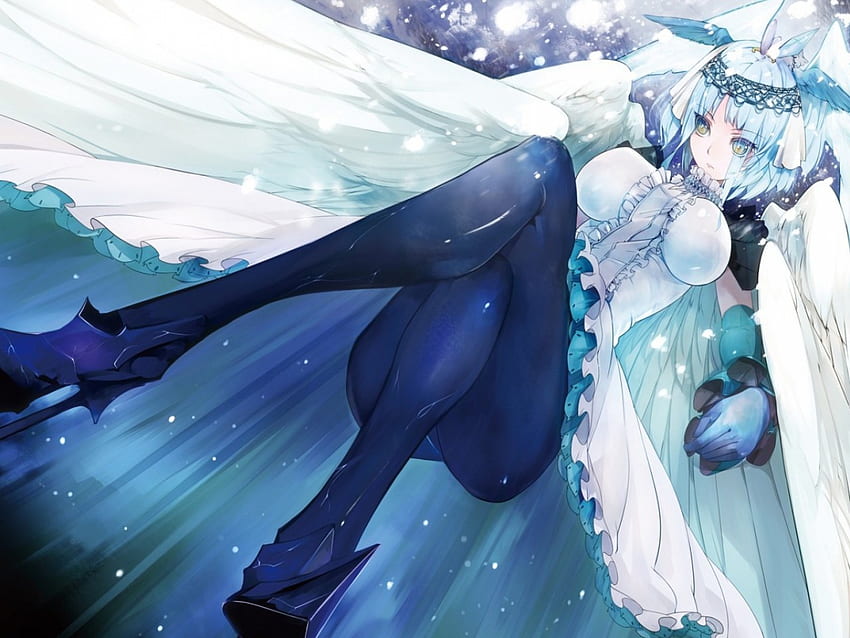 un bel ange, anime, robe longue, cheveux bleus, couronne avec des ailes, manga Fond d'écran HD