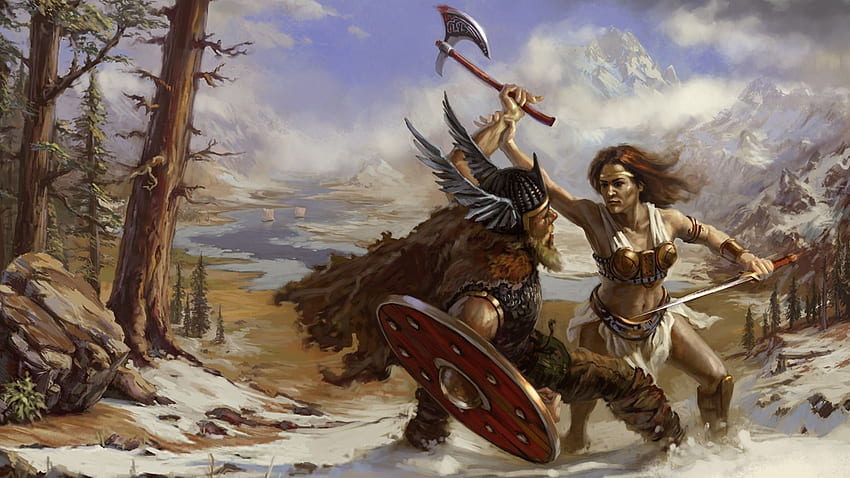 викинг брадва шлем щит момиче воин ярост битка природа HD тапет