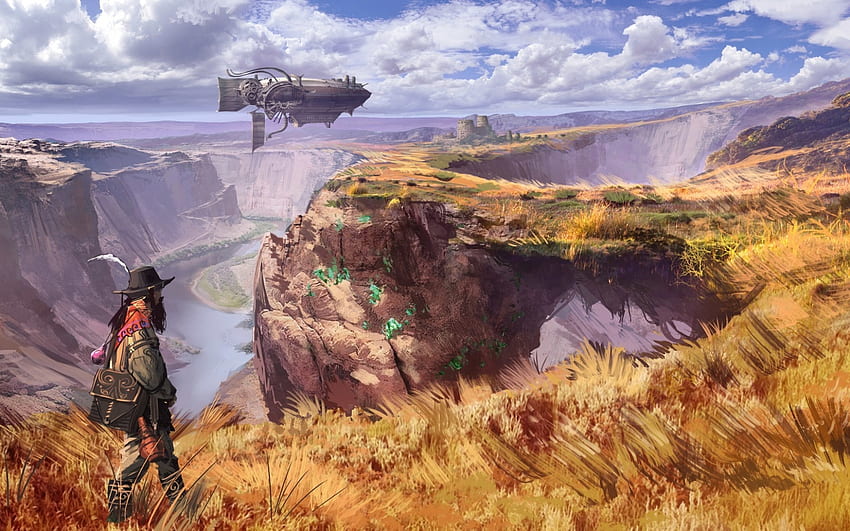 Steampunk World, Airship, Wanderer, Futuristic Landscape -, Airship Painting HD wallpaper