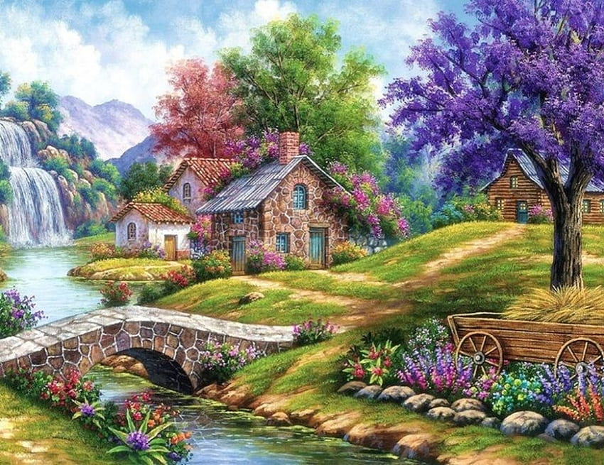 River bridge, Painting, Cottages, Mountain, Trees, Waterfalls HD wallpaper