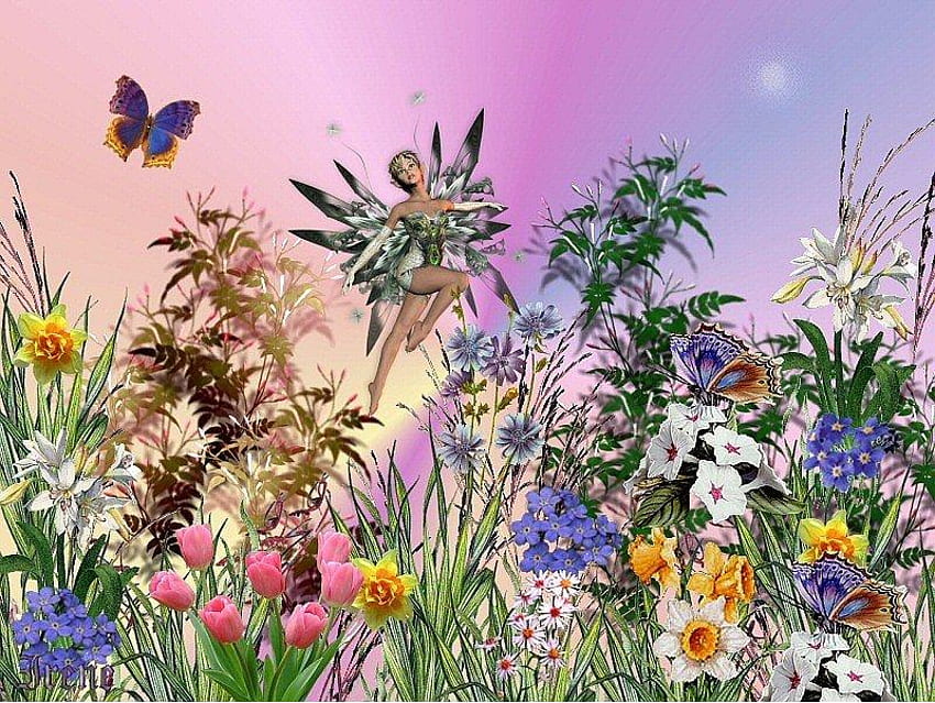 Wróżka, abstrakcja, motyl, fantazja, kwiaty Tapeta HD