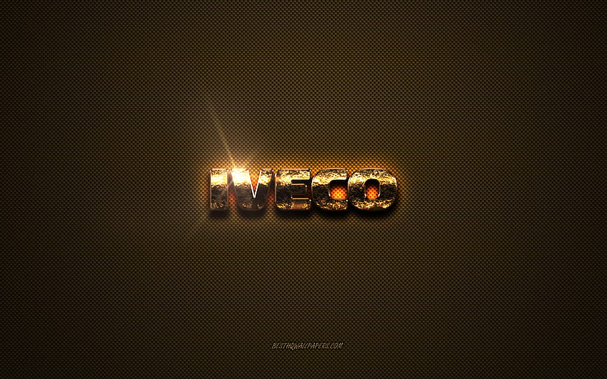 Złote logo Iveco, grafika, brązowe metalowe tło, godło Iveco, kreatywne, logo Iveco, marki, Iveco Tapeta HD