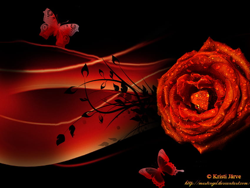 Rose, black, abstract, butterfly, 3d, flower, red, dark HD wallpaper
