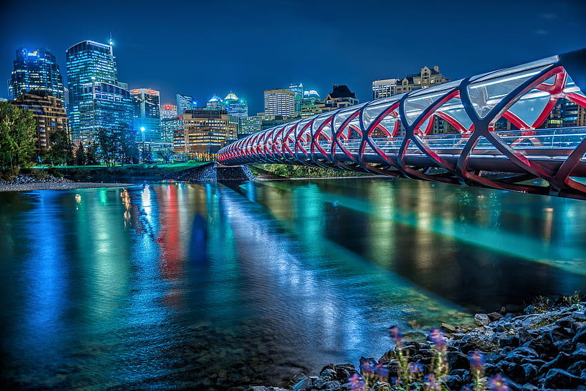 Time lapsed graphy of bridge with river, peace bridge, Calgary HD wallpaper