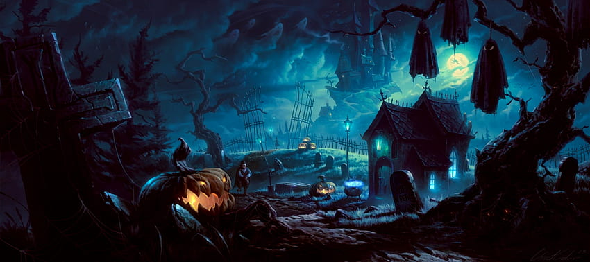 Halloween, Mann, Kürbisse, Grab, Burg, Grabsteine HD-Hintergrundbild