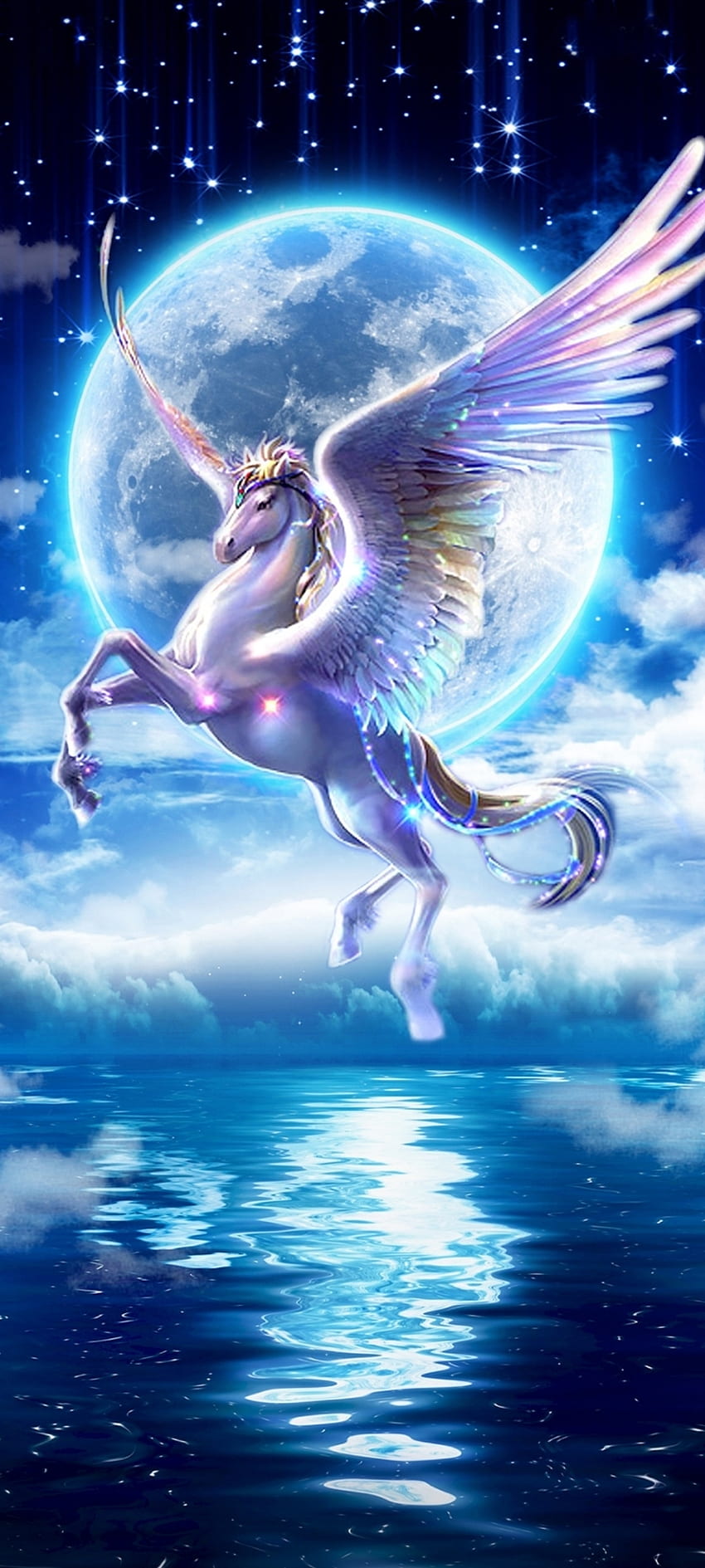 Fantastisches Einhorn, elektrisches Blau, Kunst, schön, dunkel, Pferd, Mondschein HD-Handy-Hintergrundbild
