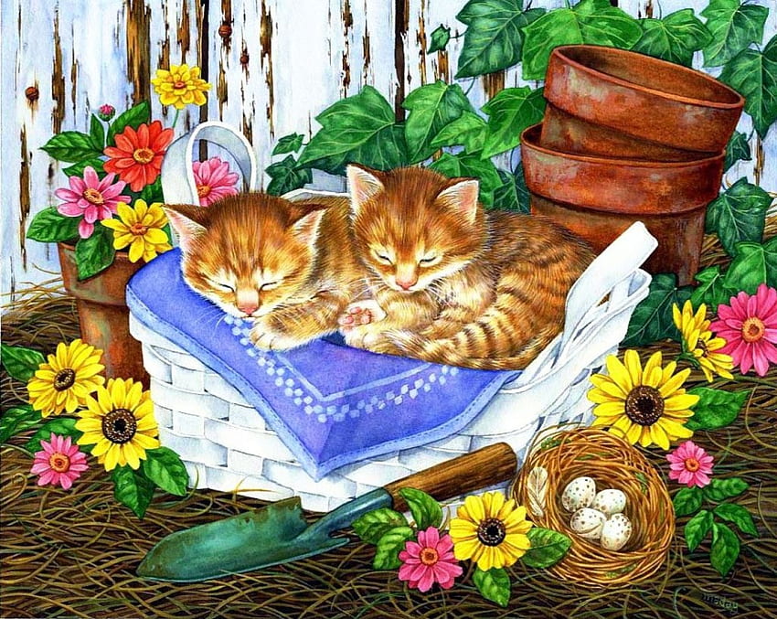 Cute Kitties, artwork, kitten, painting, sunflowers, blossoms, cat, flowers HD wallpaper