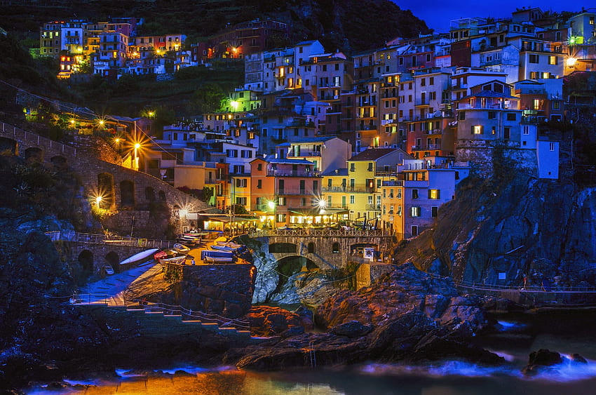 Manarola, Cinque Terre, Italy, night, houses, town, lights HD wallpaper