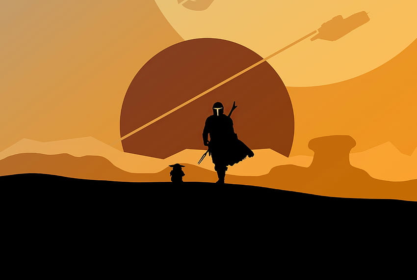 2020, Mandalorianin i Yoda, minimal, sylwetka, grafika Tapeta HD