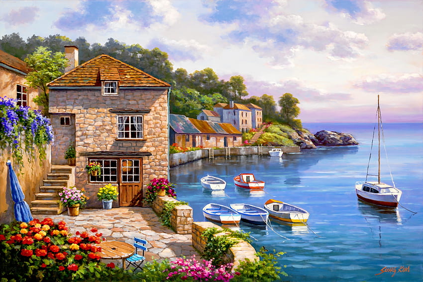Harbor garden, sea, art, coast, que, garden, houses, summer, painting, boats, view, Sung Kim, harbor, village HD wallpaper
