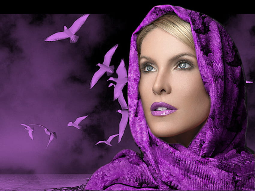 Purple, birds, people, beauty, nice, woman, lips, lovely, look, female HD wallpaper