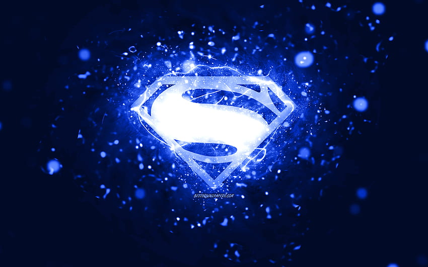 Тъмносиньо лого на Супермен, тъмносини неонови светлини, креативен, тъмносин абстрактен фон, лого на Супермен, супергерои, Супермен HD тапет