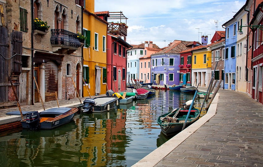 le ciel, maison, bateaux, Italie, Venise, canal, île de Burano pour , section город Fond d'écran HD