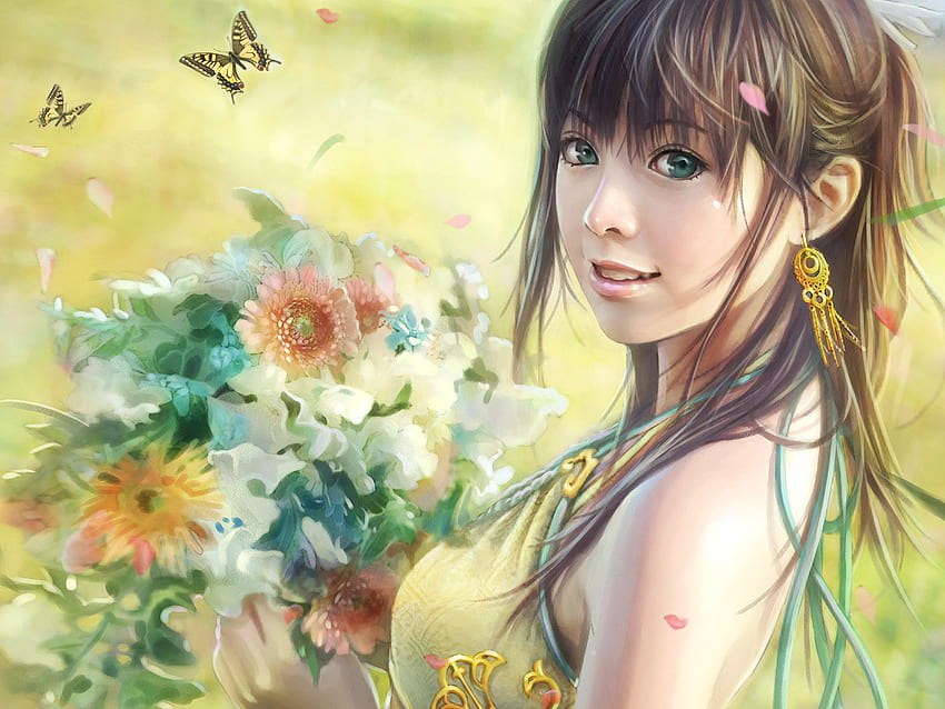 Anime Girl in the Garden, butterflies, anime, garden, flowers, girl HD wallpaper