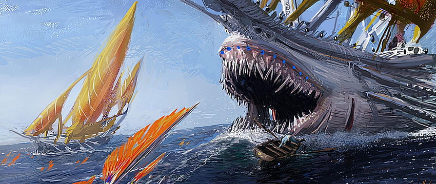 statek, rekin, szczęki Rozdzielczość , Fantazja , i Tło, 2560X1080 Rekin Tapeta HD