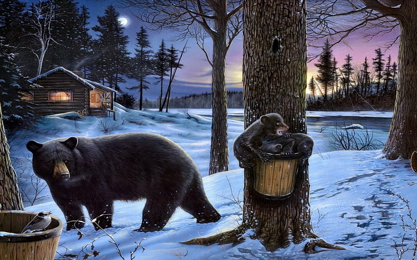 ✰Love from Mother✰ , bears, winter, colors, shines, hugs, artistic, animals, snow, trees, tracks, bird, art, forests, paintings, concern, pretty, mom, the cubs, cottage, lovely, walks, cute, frosty, wild, Love from Mother, mama, moon, glanced, frozen, dry trees, beautiful, sleeps, seasons, cabin, family, love, lights, branches, cool, mother, sky, rivers HD wallpaper