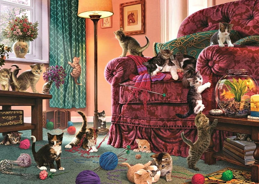 Paws Gone Wild, chair, frames, windows, lamp, cats, gs, kittens, basket, books, vases, glass, candles, fish, yarn, pillows, fish bowl, curtains, table, window, knitting needles, , drapes, end table, rugs, box, flowers HD wallpaper