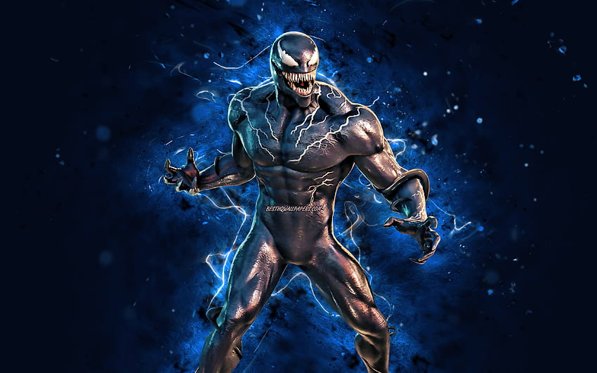 Venom Eddie Brock, luzes neon azuis, Fortnite Battle Royale, Personagens Fortnite, Venom Eddie Brock Skin, Fortnite, Venom Eddie Brock Fortnite papel de parede HD