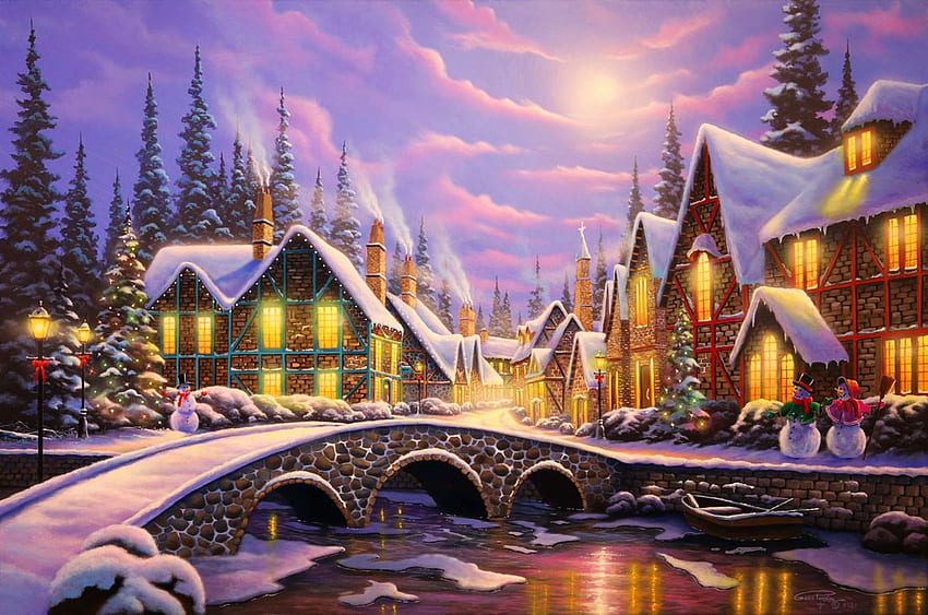 Un Noël enneigé, neige, arbres, nuages, pont, ciel, village, rivière, œuvres d'art, peinture, chalets, montagnes Fond d'écran HD
