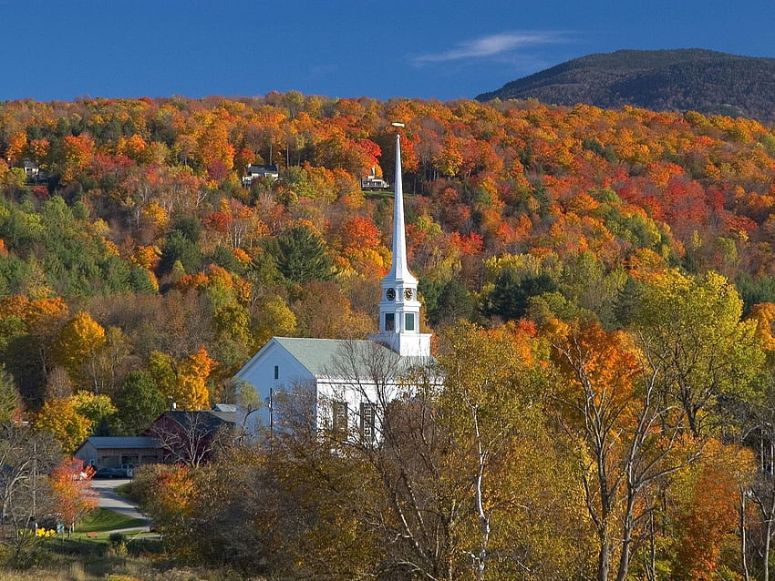 종교: 교회 스토우 버몬트 가을 탑 색상 가을 나무, 버몬트 여름 HD 월페이퍼