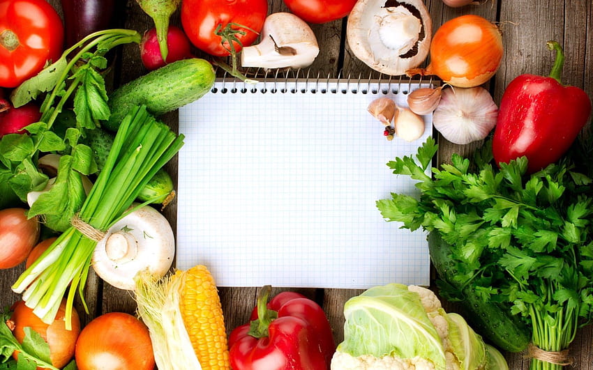 Food, Vegetables, Greens, Notebook, Corn, Tomatoes, Garlic, Maize, Mushrooms, Cauliflower, Champignon, Cucumbers, Paprika, Red Pepper HD wallpaper