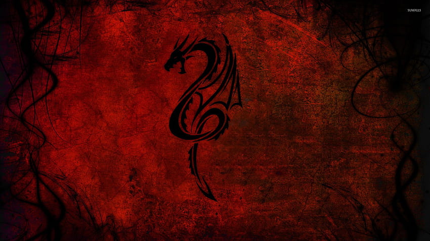 Племенна татуировка на дракон на червена стена - цифрово изкуство HD тапет