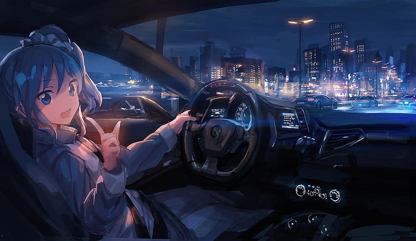 Chica anime con coche, conducción de automóviles fondo de pantalla