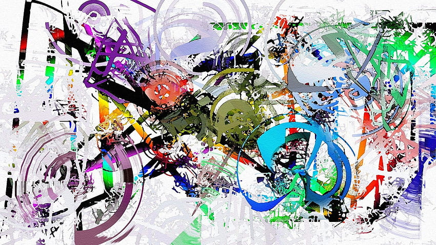 Malerei Kunstwerk abstrakt Farbspritzer bunt Motorrad Kreis Linien weißer Hintergrund JPG 940 kB HD-Hintergrundbild