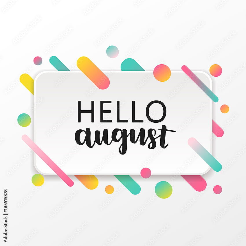 Vector modern greeting card with inscription Hello august and abstract colorful shapes. Trendy neon lines and circles in a trendy material design style. Stock Vector, Neon Card HD phone wallpaper