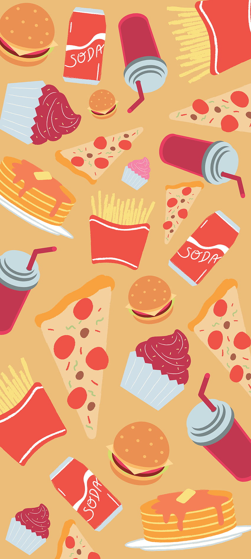 Fast food cibo spazzatura, cibo spazzatura, rosso, pizza, hamburger, fast food, fresco, modello, giallo, patatine fritte, minimalista Sfondo del telefono HD