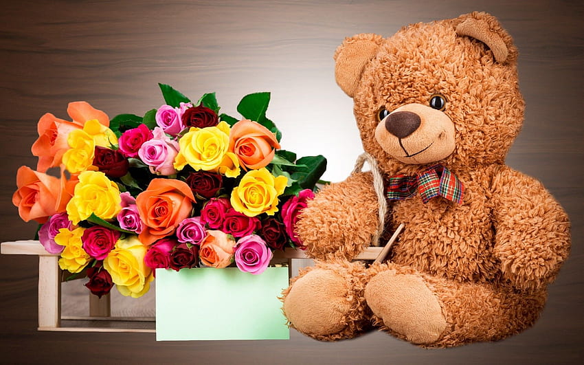 Love Teddy Bear, Flower Teddy Bear HD wallpaper
