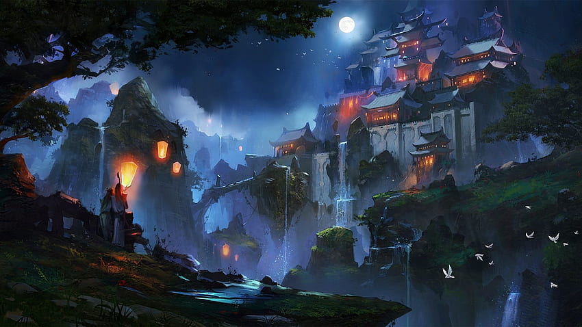 Chinese landscape, houses, moon, night, mountains, art drawing Full HD wallpaper