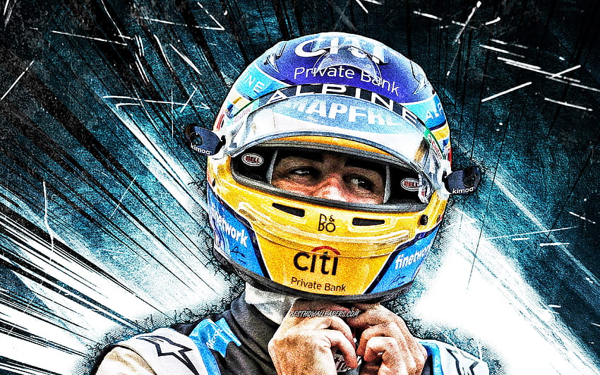 Фернандо Алонсо, гръндж изкуство, Alpine F1 Team, испански състезателни пилоти, Формула 1, сини абстрактни лъчи, F1 2021, Fernando Alonso Alpine HD тапет