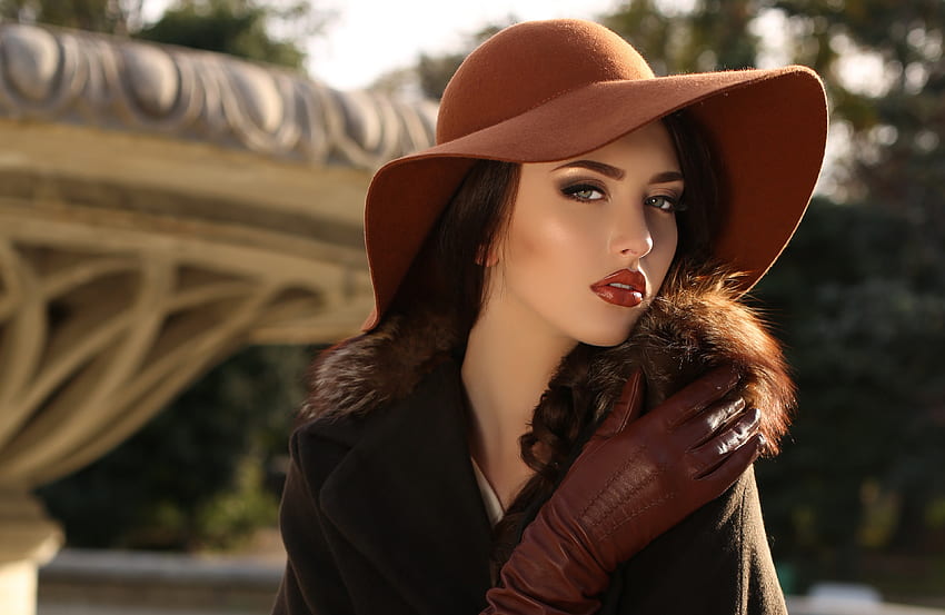 Piękno, zima, brąz, model, dziewczyna, rękawiczki, kapelusz, kobieta Tapeta HD