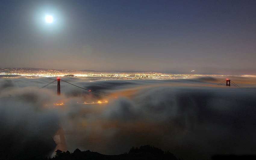 Città, Notte, Luna, Stati Uniti d'America, Brillare, Bagliore, Nebbia, Stati Uniti, California, San Francisco, Golden Gate Bridge Sfondo HD