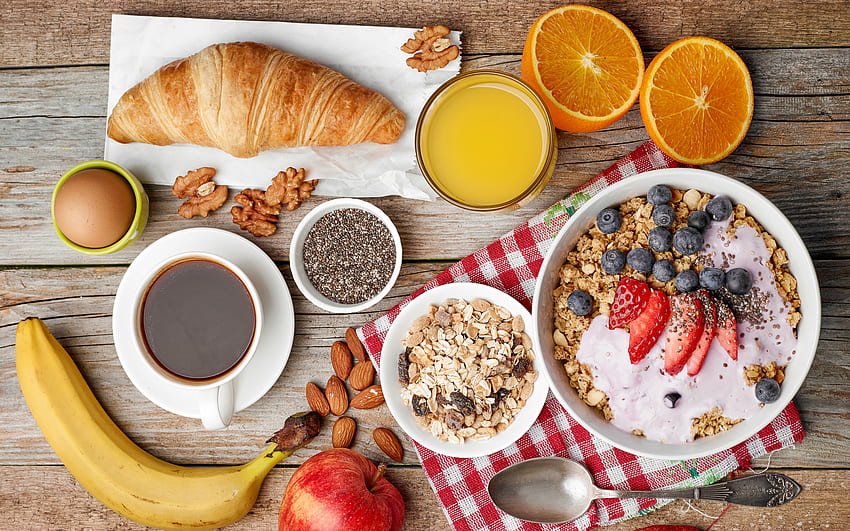 Muesli, café da manhã, comida, croissant, frutas, café papel de parede HD