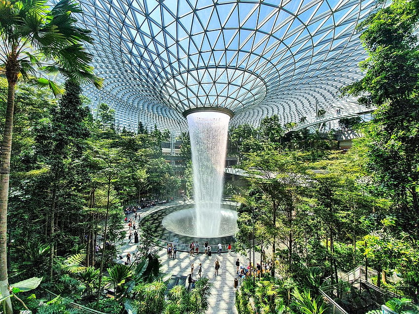 Rain vortex, the world's tallest indoor waterfall - The Je, Singapore Airport HD wallpaper